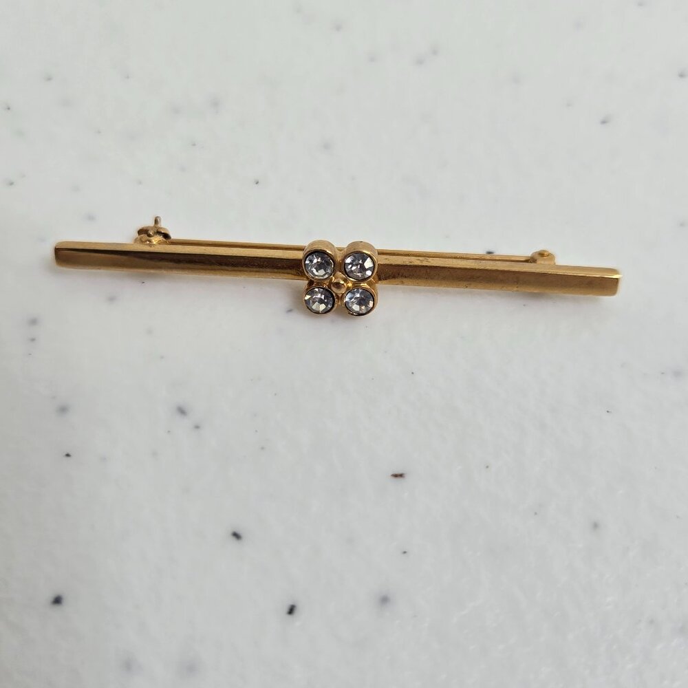 Vintage Avon dainty gold tone rhinestone accented bar brooch pin Tiny Small Tie